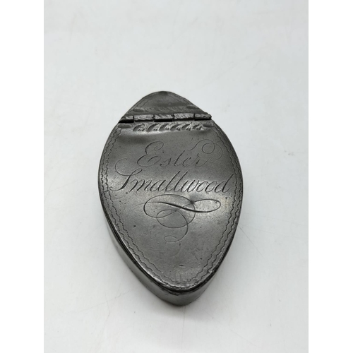 285 - Early 19th Century Ladies Pewter Snuff Box. Inscribed 'Esther Smallwood'. Approx 8cm x 5cm.