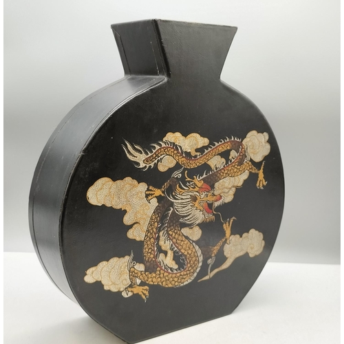 372 - Wooden and Leatherette Flask Vase with Oriental Design. 36cm x 32cm.