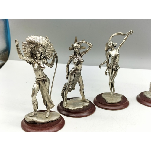 511 - English Miniature Fine Art Sculpture 11cm Pewter Lady Fantasy Figures on Wood Stands. (7)