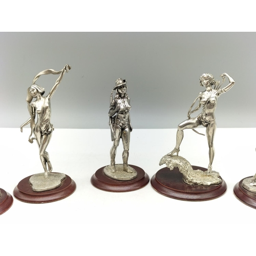 511 - English Miniature Fine Art Sculpture 11cm Pewter Lady Fantasy Figures on Wood Stands. (7)