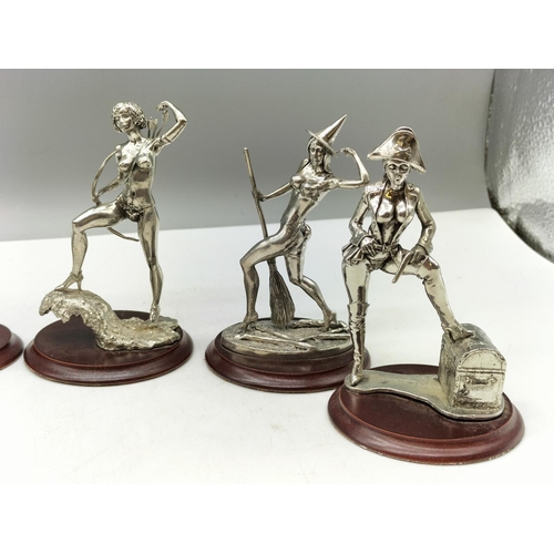 511 - English Miniature Fine Art Sculpture 11cm Pewter Lady Fantasy Figures on Wood Stands. (7)