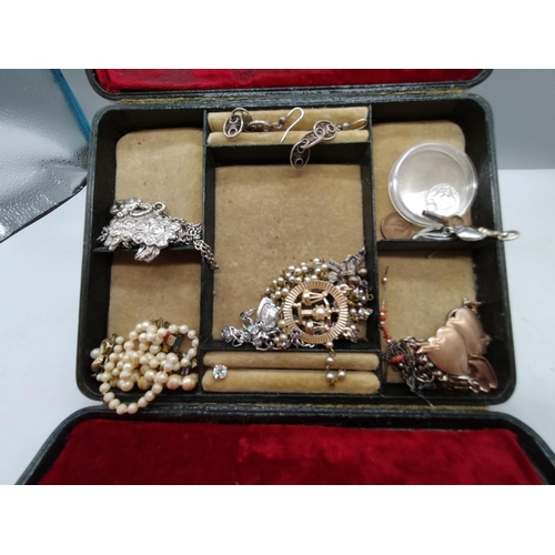 759 - Antique Leather Jewellery Box and Contents. Some Silver Noted.