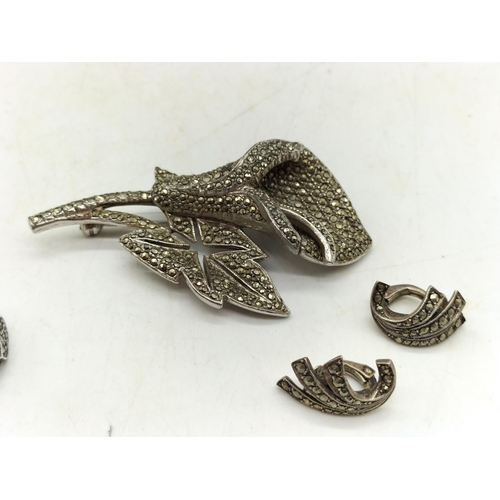 762 - Old Marcasite set Jewellery Items to include Brooch, 925 Ring and Earrings.