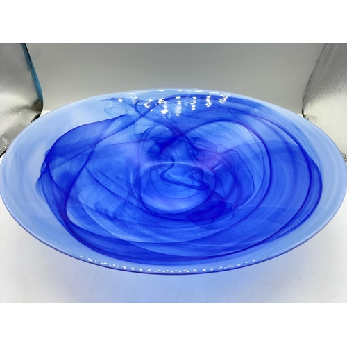 845A - Large Blue Glass Centre Bowl. 42cm Diameter. Some Light Scratches.