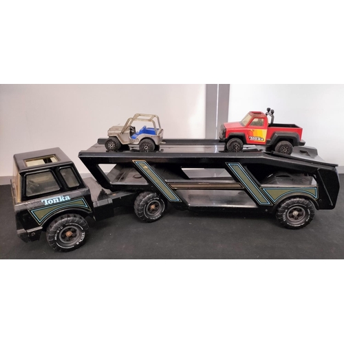 855A - Vintage Tonka XMB-975 Black Semi Truck Car Transporter 1984 plus 2 Other Vehicles. 23cm High x 105cm... 