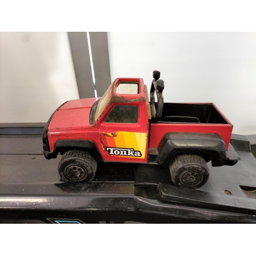 855A - Vintage Tonka XMB-975 Black Semi Truck Car Transporter 1984 plus 2 Other Vehicles. 23cm High x 105cm... 