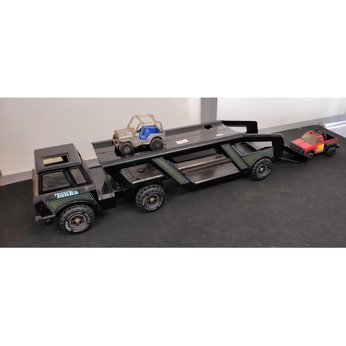 855A - Vintage Tonka XMB-975 Black Semi Truck Car Transporter 1984 plus 2 Other Vehicles. 23cm High x 105cm... 