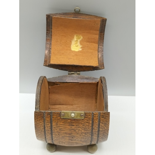 943 - Wooden 'Barrel' Shaped Box. 12cm High x 11cm.