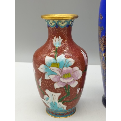 957 - Oriental Design 20cm Blue Glass Vase plus Cloisonne Vase.