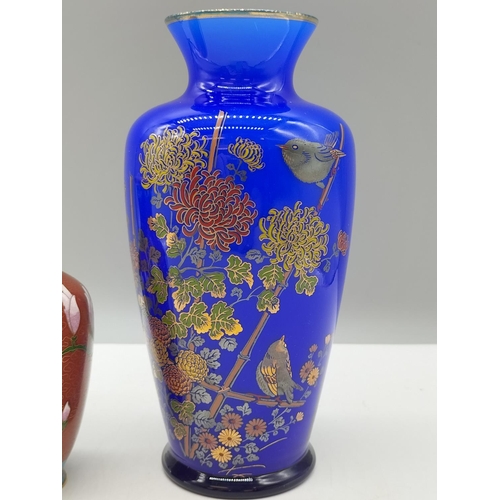 957 - Oriental Design 20cm Blue Glass Vase plus Cloisonne Vase.