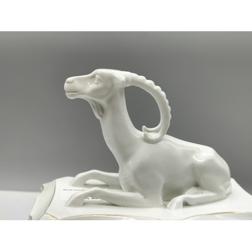 405 - Rare Fraureuth Kunstabteilung Art Deco Porcelain Lidded Box with a Reclining Ibex Figurine Mount to ... 