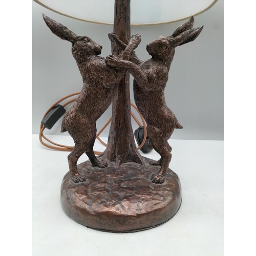 143 - Pair of Fighting Hares Table Lamp. 43cm High including Shade.