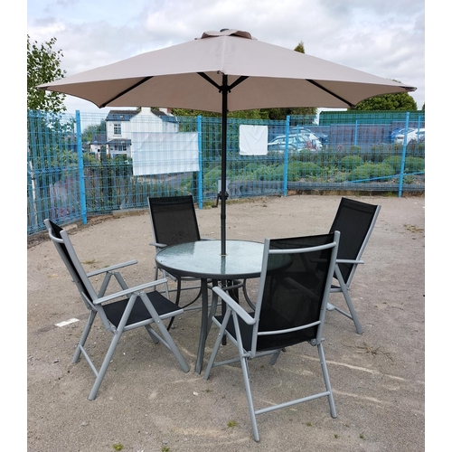 42 - Four Seat Garden Table and Chairs with Wind Up Umbrella. This Lot is Collection Only.