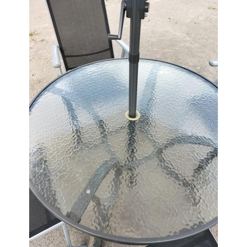 42 - Four Seat Garden Table and Chairs with Wind Up Umbrella. This Lot is Collection Only.