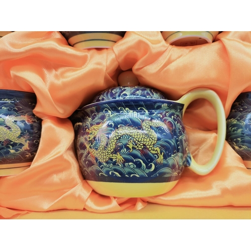 162 - Zying Chinese Tea Set with Gold Dragon Design. Boxed.