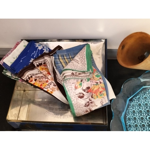 35A - Coloured Glass Plates by Fenton and Davidson (3) plus Huntley and Palmer Biscuit Tin with Vintage Si... 