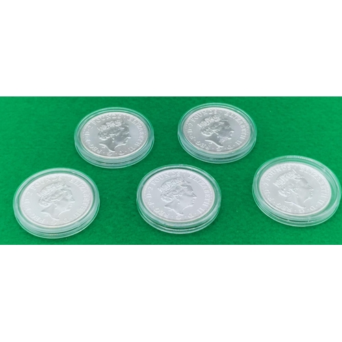 46 - 5 x 999 Fine Silver 1 Ounce Silver Britannia Coins 4 x 2022 plus 1 x 2021.