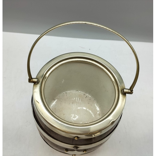 80 - Oak Biscuit Barrel/Ice Bucket with Liner. Silver Plate Banded and Shield. 17cm x 14cm.