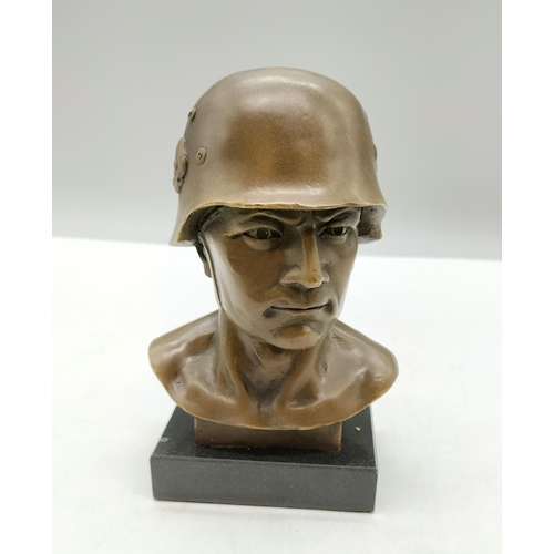 105A - Bronze Bust of 'German Paratrooper' on Marble Base. 15cm High.