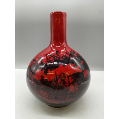 106 - Rare Royal Doulton Flambe Woodcut Bulbous Vase in the 'Coaching' Design.