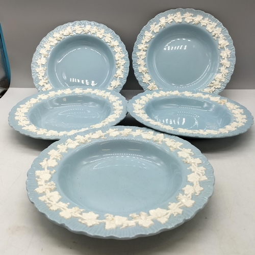 109 - Wedgwood Embossed Blue and White Queensware 21cm Soup/Dessert Bowls