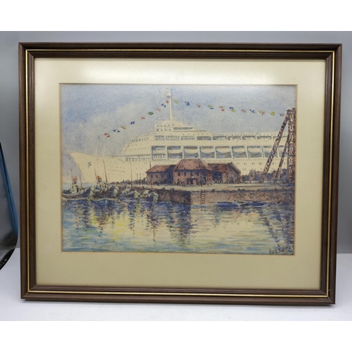 114 - Framed and Glazed Watercolour of an Ocean Liner at Port by Berre. 44cm x 35cm.