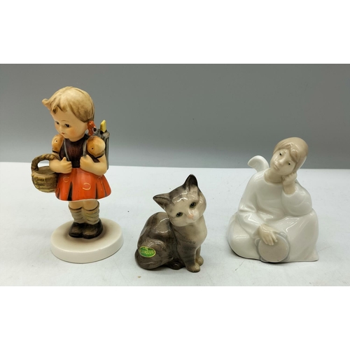 136 - Goebel Girl Figure, Nao Figure and Beswick Small Kitten. Tallest being 14cm.