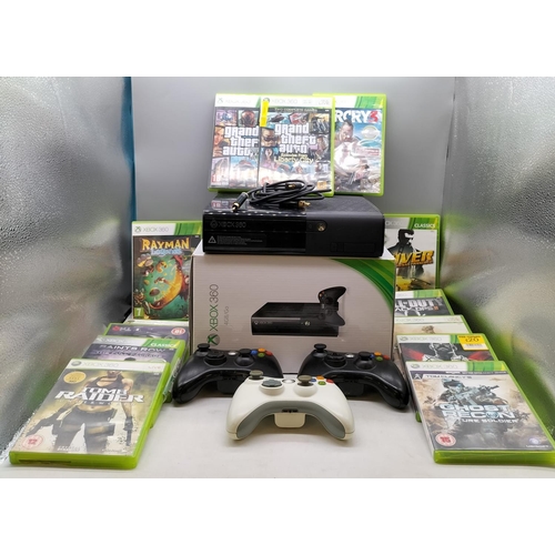 145 - Boxed XBox 360 4GB Console with 3 x Controllers and Selection of Games.