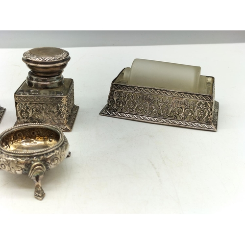 341 - Box of Mixed Metal Ware including Silver Topped Inkwells (1 A/F), Silver Handled Letter Opener, etc.