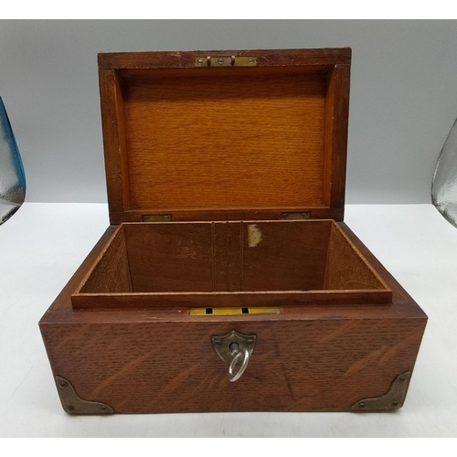 405 - Oak Box with Ornate Metal Corners and Shield. With Key. 10cm High, 20cm x 14cm.