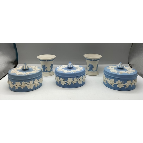 53 - Wedgwood Jasper 12.5cm Diameter Lidded Powder Pots (3) plus 10cm Vases (2).