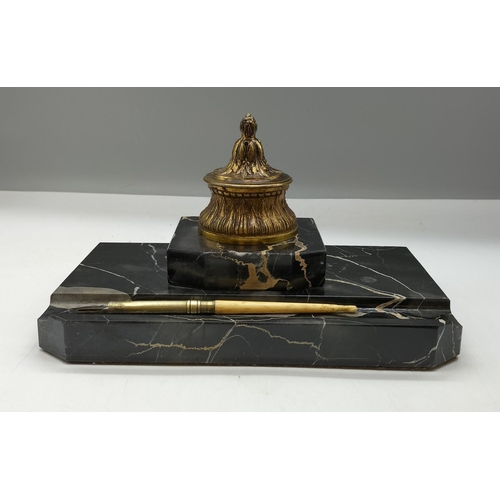 57 - Marble and Brass Desk Tidy with Inkwell. 24cm x 15cm x 13cm.