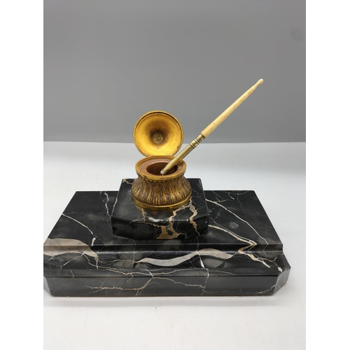 57 - Marble and Brass Desk Tidy with Inkwell. 24cm x 15cm x 13cm.