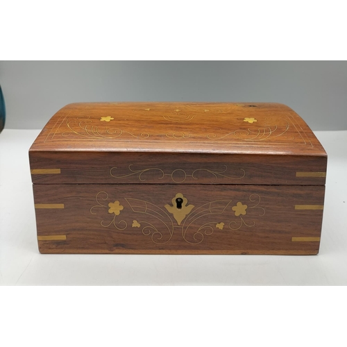 62 - Wooden Jewellery Box with Brass Design and Banding. With Lock and Key. 11cm High, 25cm x 18cm.