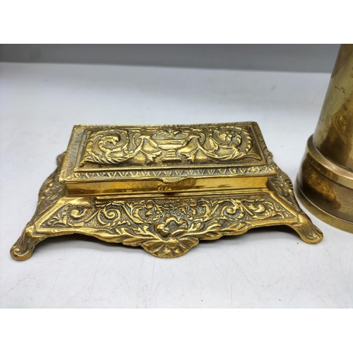 458 - Ornate Brass Stamp Box plus 17cm Post Box Money Box.