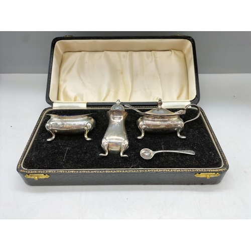 473 - Hallmarked Silver Salt, Pepper and Mustard Condiment Set. Boxed.