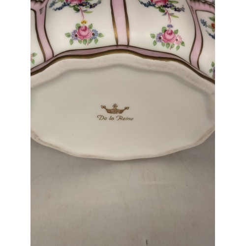 485 - De La Reine Floral Rippled Edged Oval Bowl. Made in Paris. 14cm x 10cm x 8cm.