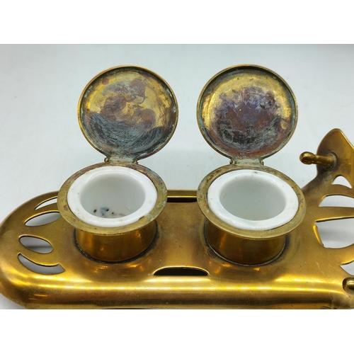 486 - Art Nouveau Style Double Inkwell Pen Stand. Both Liners in Place.