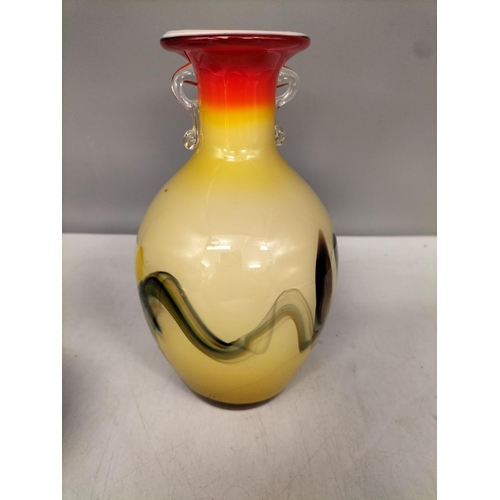 489 - Murano Multi Coloured Glass Vase plus Red and Gold Squat Vase. Tallest being 20cm.