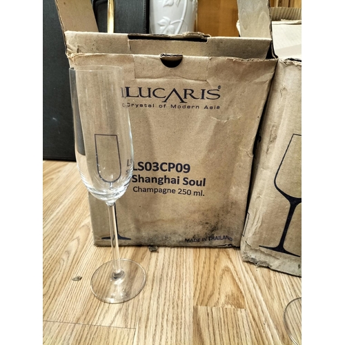 575 - 3 Boxes of Lucaris  Glasses - 6 x 250ml Champagne Glasses, 6 x 545ml Cabernet Glasses and 6 x 665ml ... 