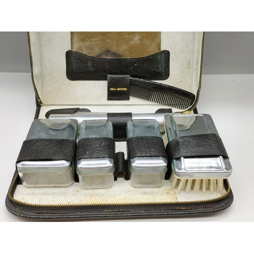 612 - Vintage Leather Cased Men's Travel Grooming Kit. Complete.