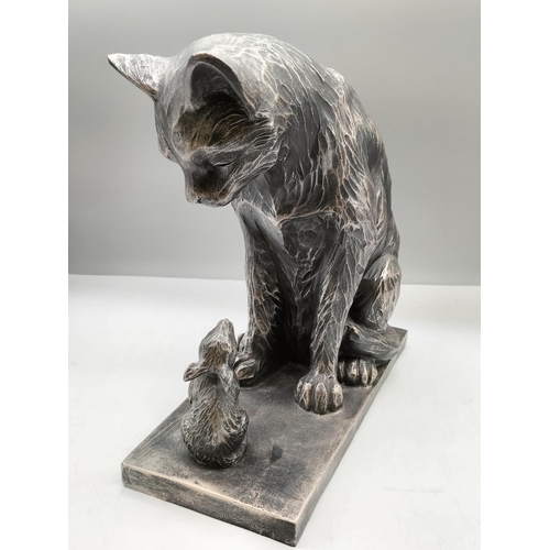 615 - NEXT Large Silver Effect Cat and Mouse Figure. 28cm x 28cm.