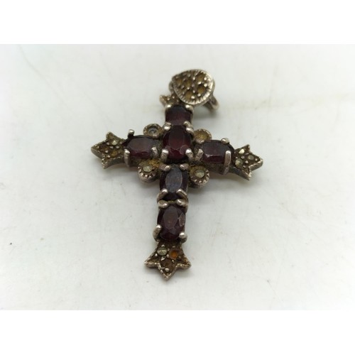 321 - Vintage 925 Silver Garnet and Marcasite Cross plus Pair of Filigree Hoop Earrings.