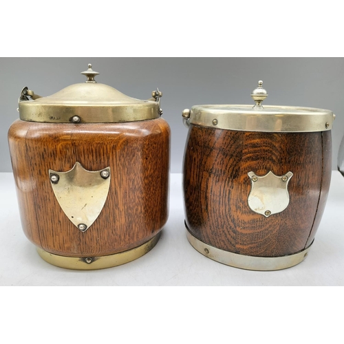 25A - Wooden and Plate Biscuit Barrels with Liners (2). 19cm High.