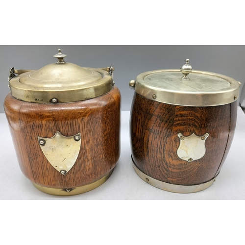 25A - Wooden and Plate Biscuit Barrels with Liners (2). 19cm High.