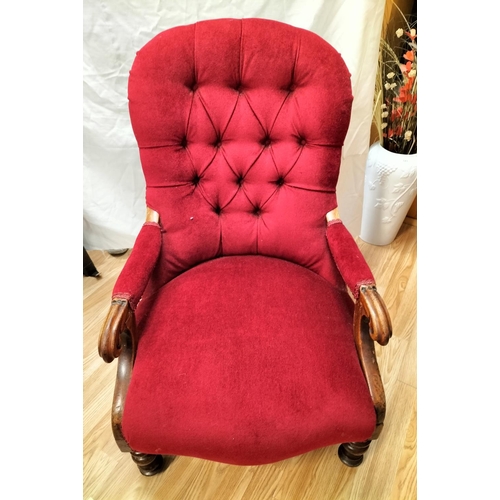 86 - Edwardian Wooden Framed Red Fabric Lounge Chair. 90cm High, 60cm x 54cm.