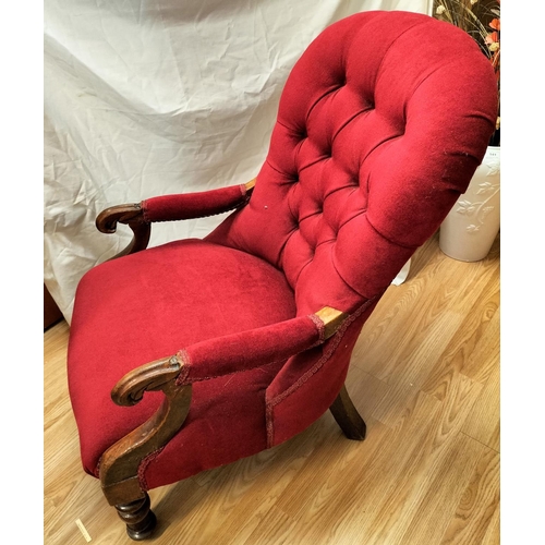 86 - Edwardian Wooden Framed Red Fabric Lounge Chair. 90cm High, 60cm x 54cm.