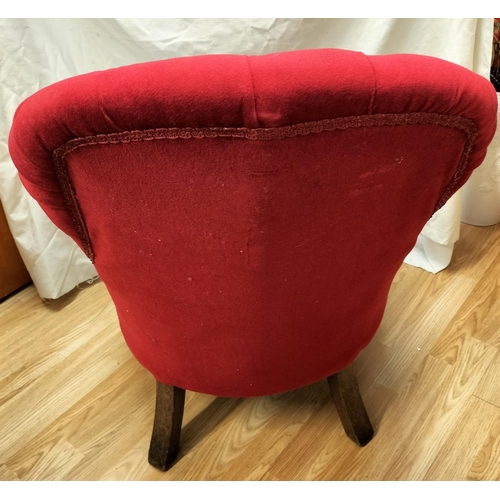 86 - Edwardian Wooden Framed Red Fabric Lounge Chair. 90cm High, 60cm x 54cm.