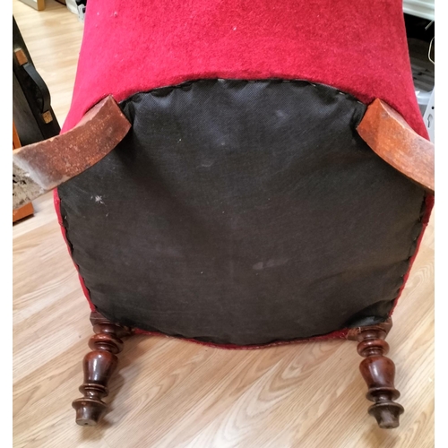 86 - Edwardian Wooden Framed Red Fabric Lounge Chair. 90cm High, 60cm x 54cm.