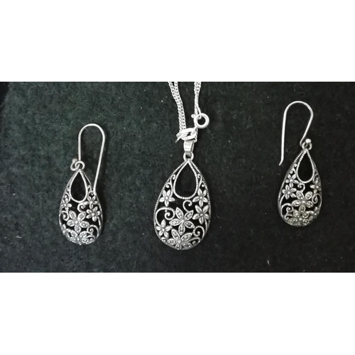 126 - 925 Silver Necklace, Pendant and Earring Set.